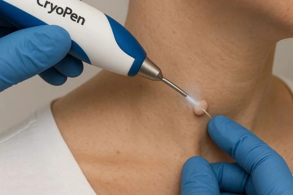 Person receiving cryotherapy Binley for skin tag removal