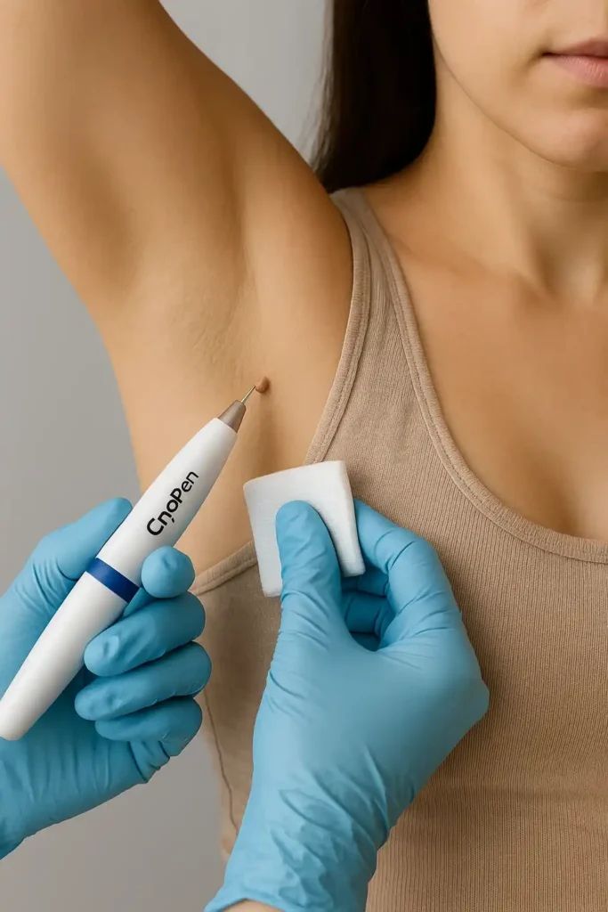 woman having cryopen to remove underarm skin tags Binley