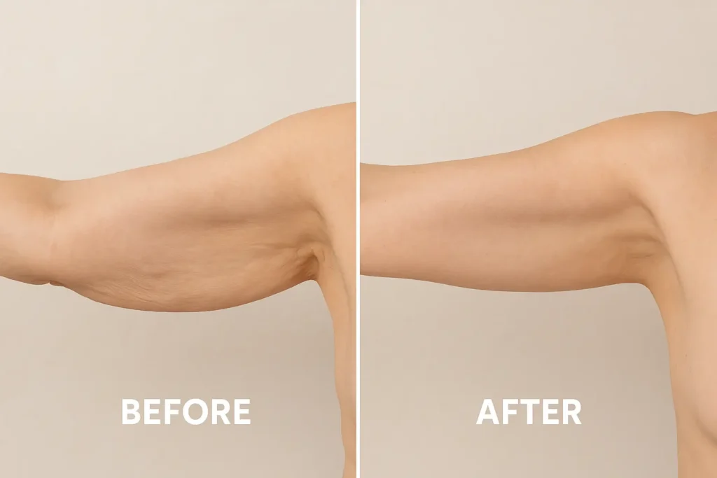Picture of LA LIPO Binley before and after results of skin tightening treatment on the upper arms.