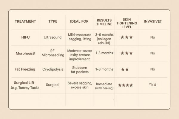 Table showing the comparisons of Skin tightening Binley treatment options.